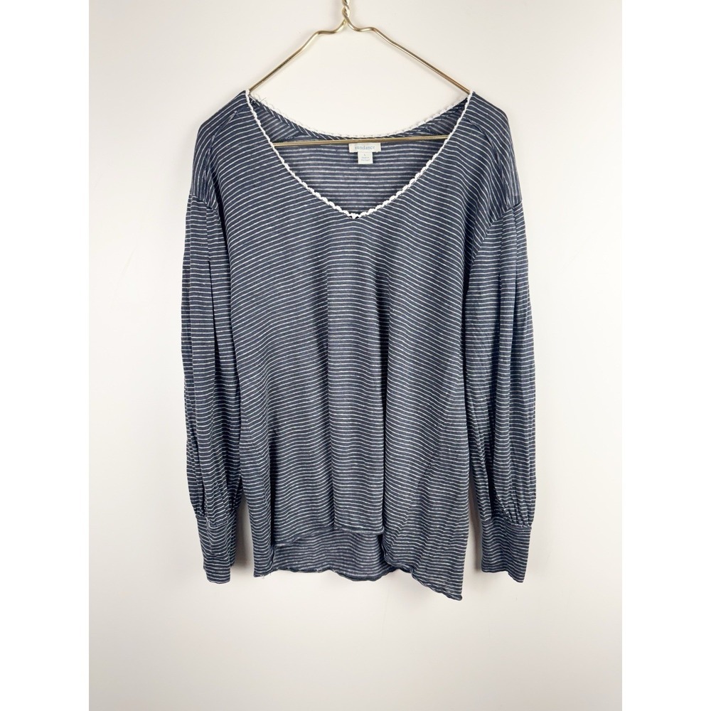 SUNDANCE 100% Linen Mariner Journey Blue White Striped Knit V-Neck Top Size L